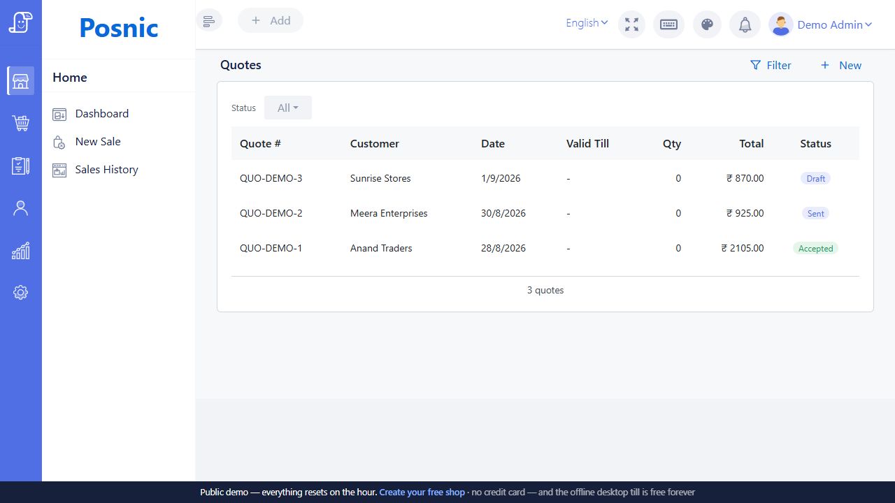 Live Posnic Quotes list showing quotation number customer dates totals and status