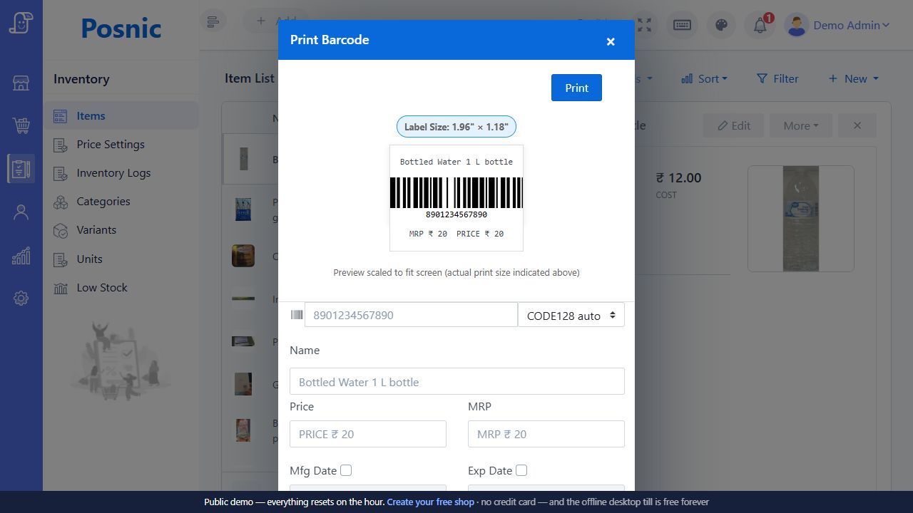 Live Posnic Print Barcode dialog for received stock with label preview symbology content and print controls