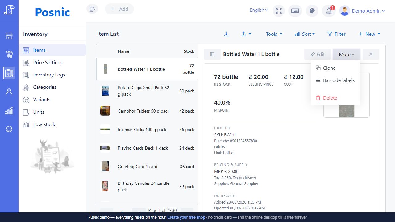 Live Posnic item document showing saved SKU and barcode with Barcode labels in the More menu