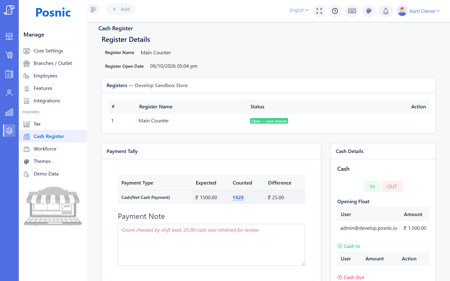 Current Posnic Payment Tally showing expected 1500 counted 1525 difference 25 and a payment note