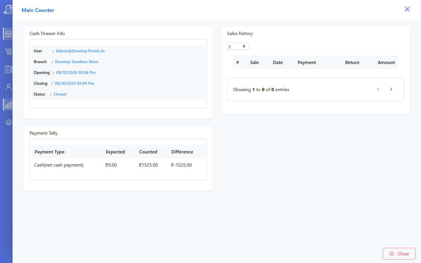 Current Posnic closed register detail showing cashier branch open close status sales history and payment tally