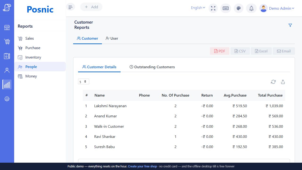 Customer Reports page with Customer and Outstanding tabs