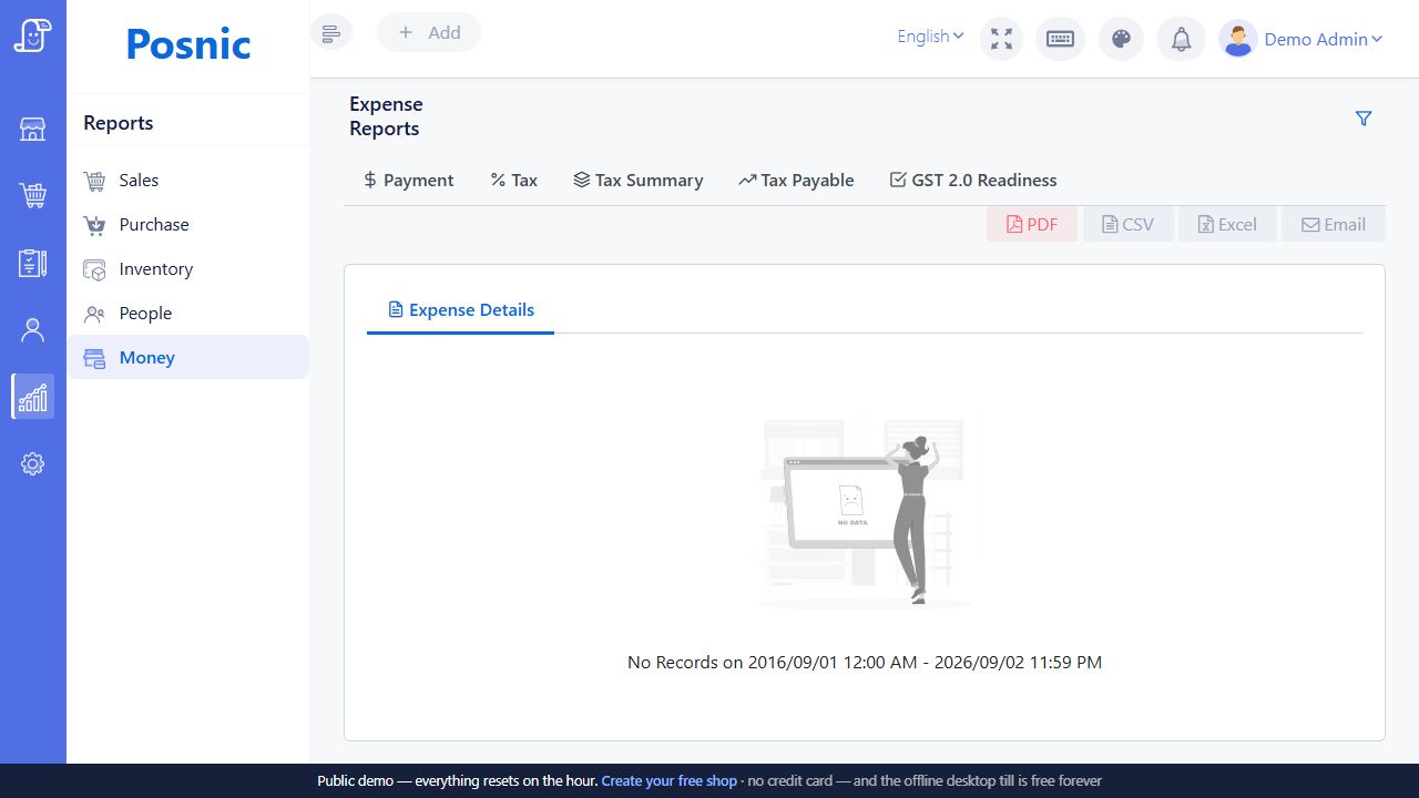Expense report export screen