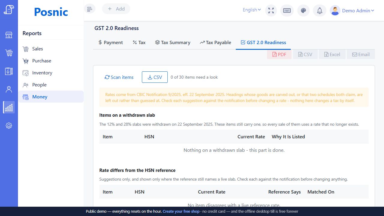 GST 2.0 Readiness page with Scan items CSV withdrawn slab and HSN reference review tables