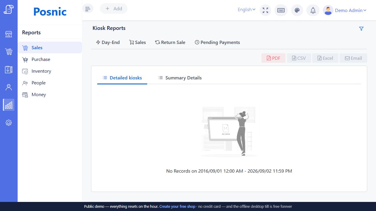 Kiosk Reports page with detailed kiosks and summary details tabs