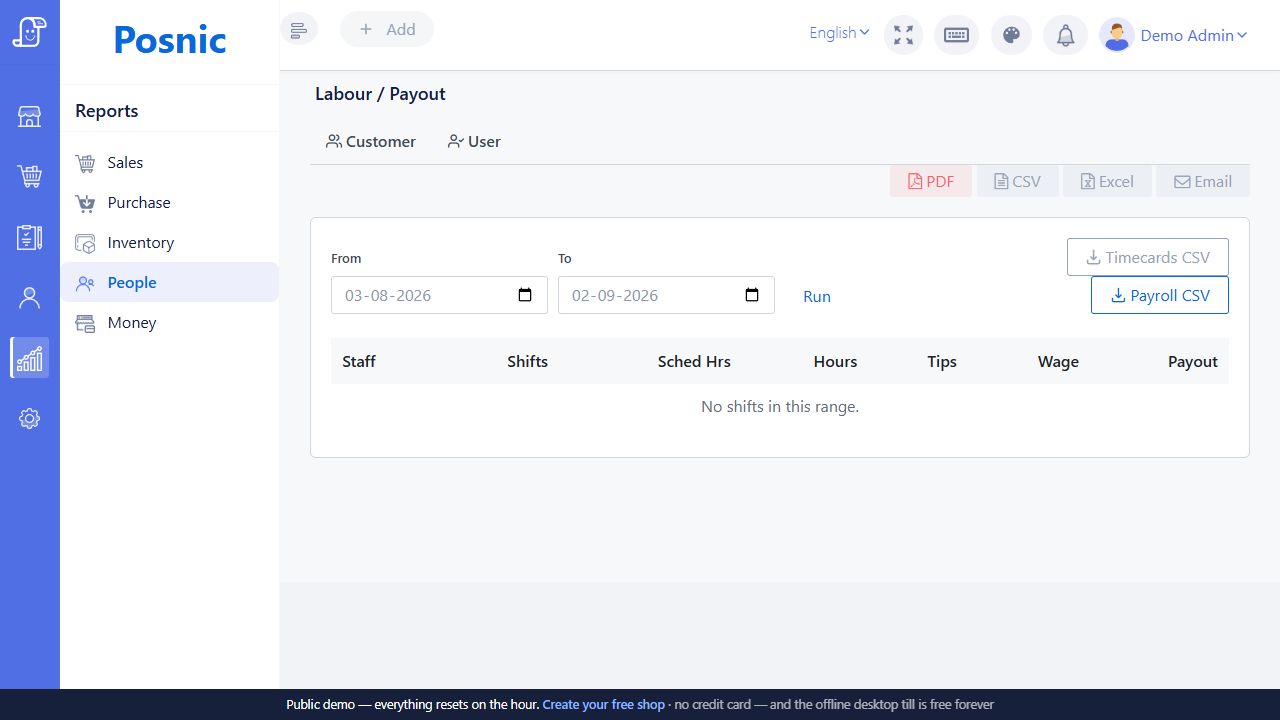 Labour Payout report with customer user tabs timecards CSV and payroll CSV buttons