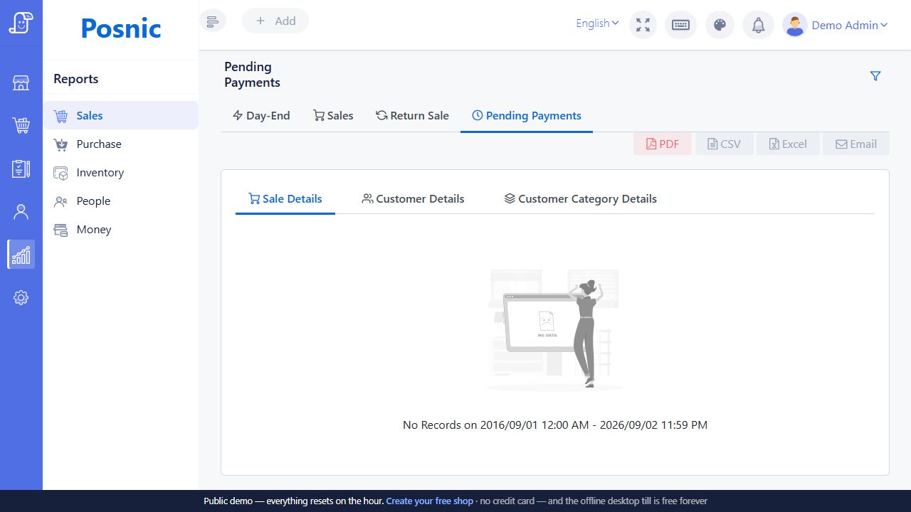 Pending Payments report with Sale Details Customer Details and Customer Category Details tabs