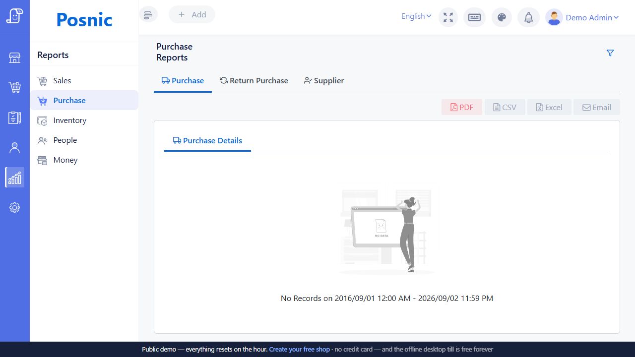 Live Posnic Purchase Reports screen with Purchase Details and export controls