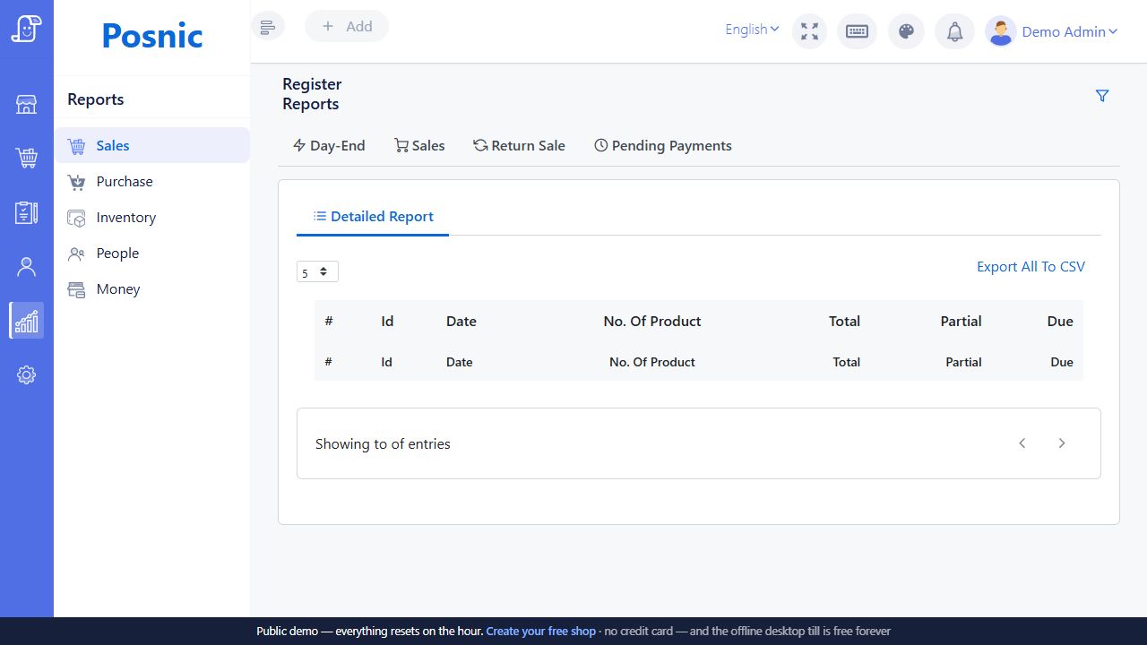 Register Reports page with detailed report export to CSV and amount columns