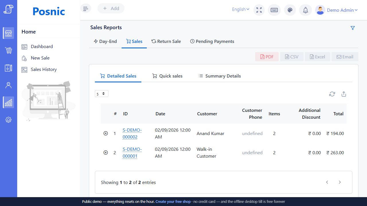 Sales report with PDF CSV Excel and Email buttons
