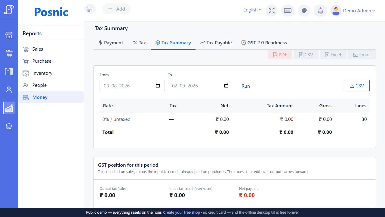 Tax Summary showing sales tax by rate and GST position