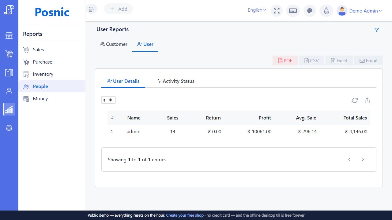 User report screen