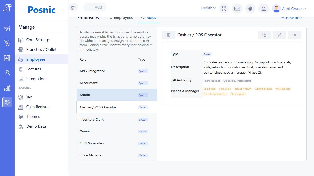 Current Posnic Cashier POS Operator role detail showing allowed till actions and seven actions needing a manager