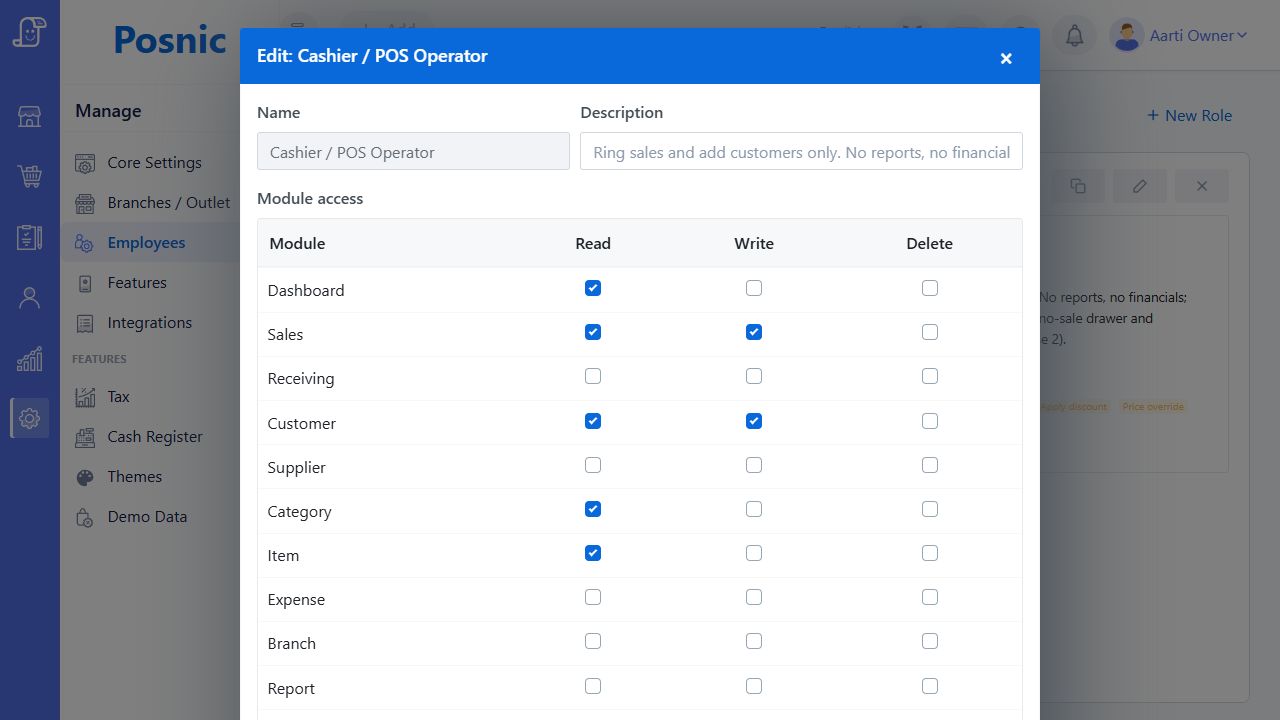 Current Posnic Cashier role editor showing module Read Write and Delete permission matrix