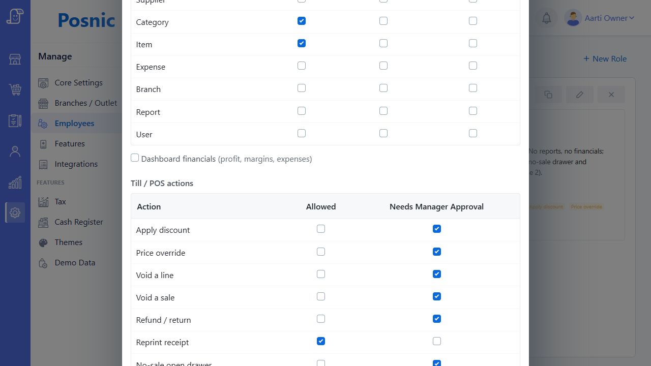 Current Posnic Cashier role editor showing Allowed and Needs Manager Approval columns for till actions