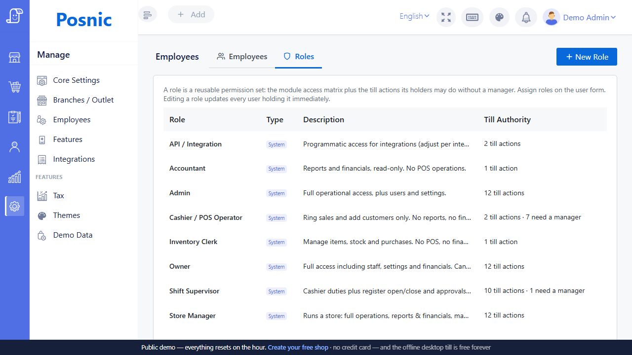 Live Posnic Roles list showing system roles and till authority counts