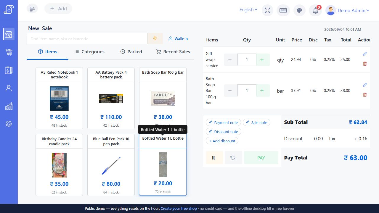 Live Posnic sale cart with a catalog item and a Quick Sale service line