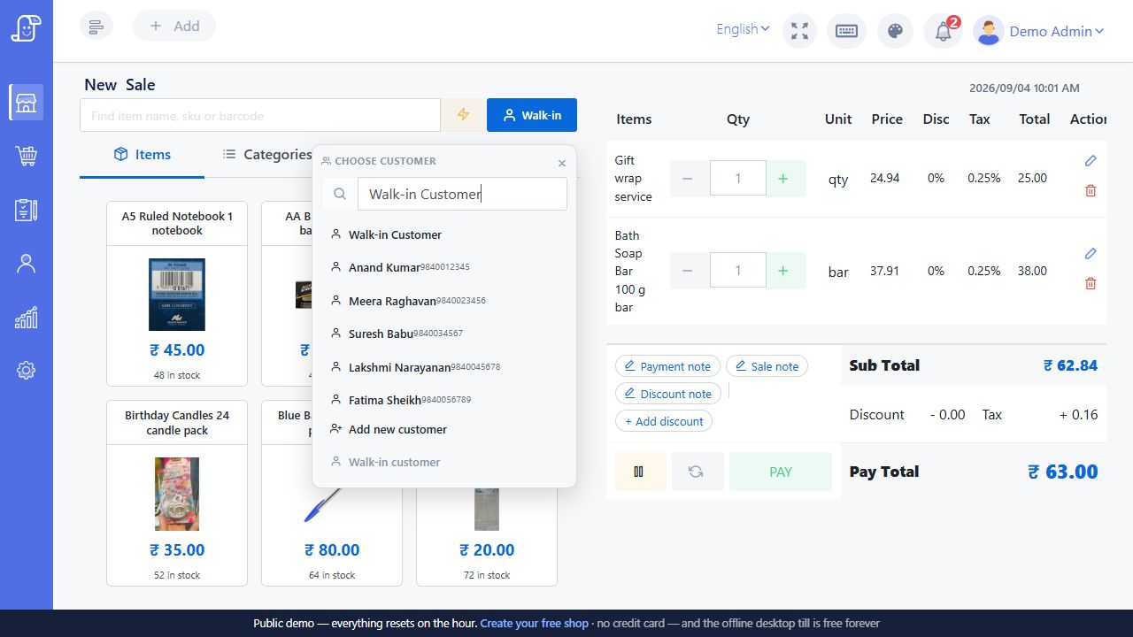 Live Posnic customer picker with recent customers Add new customer and Walk-in customer reset
