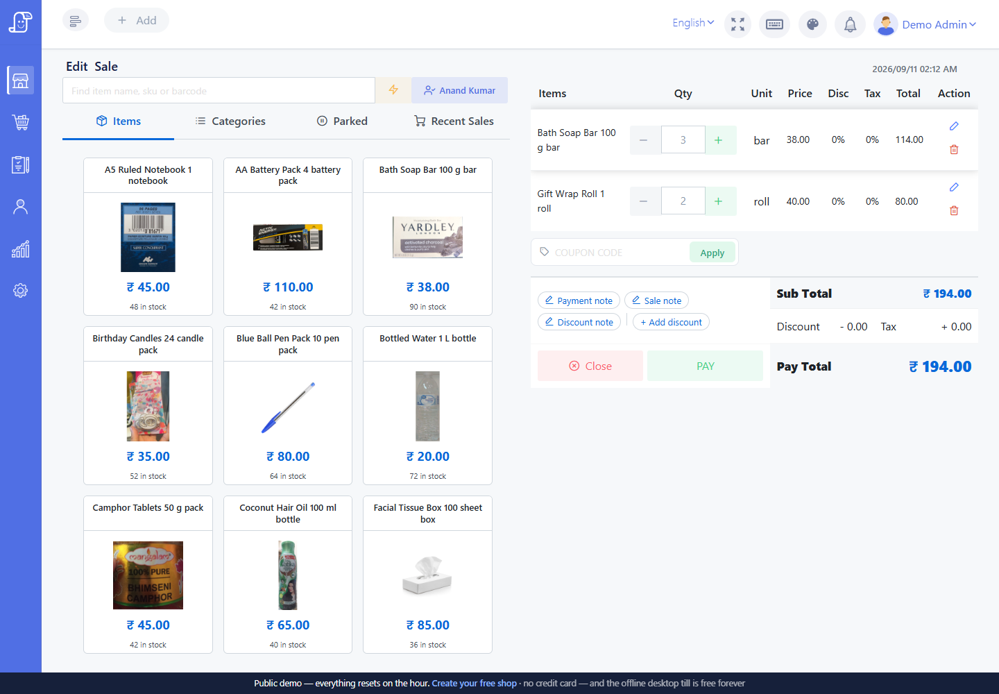 Live Posnic Edit Sale screen with saved customer item quantities prices notes discounts and payment total