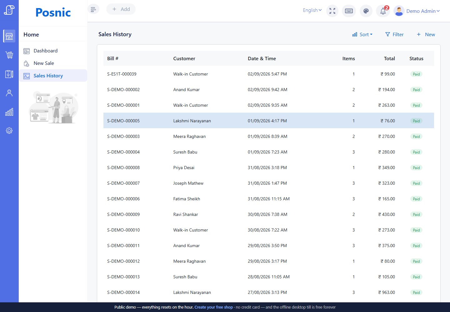 Posnic Sales History actions for reviewing a transaction, payment state and receipt
