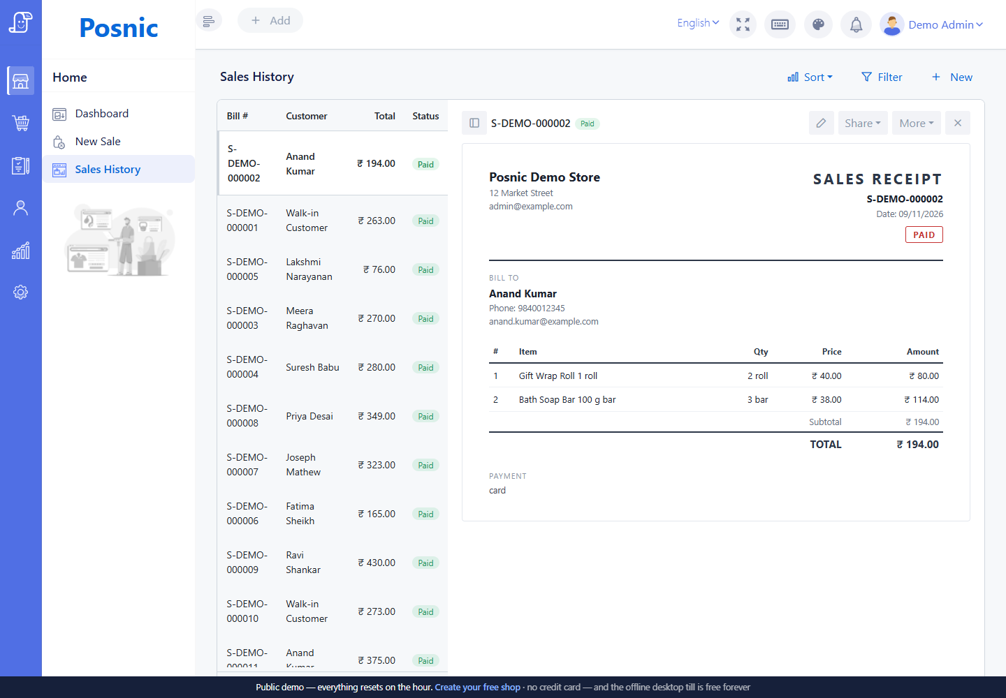 Live Posnic Sales History invoice pane with the selected saved sale and Edit button