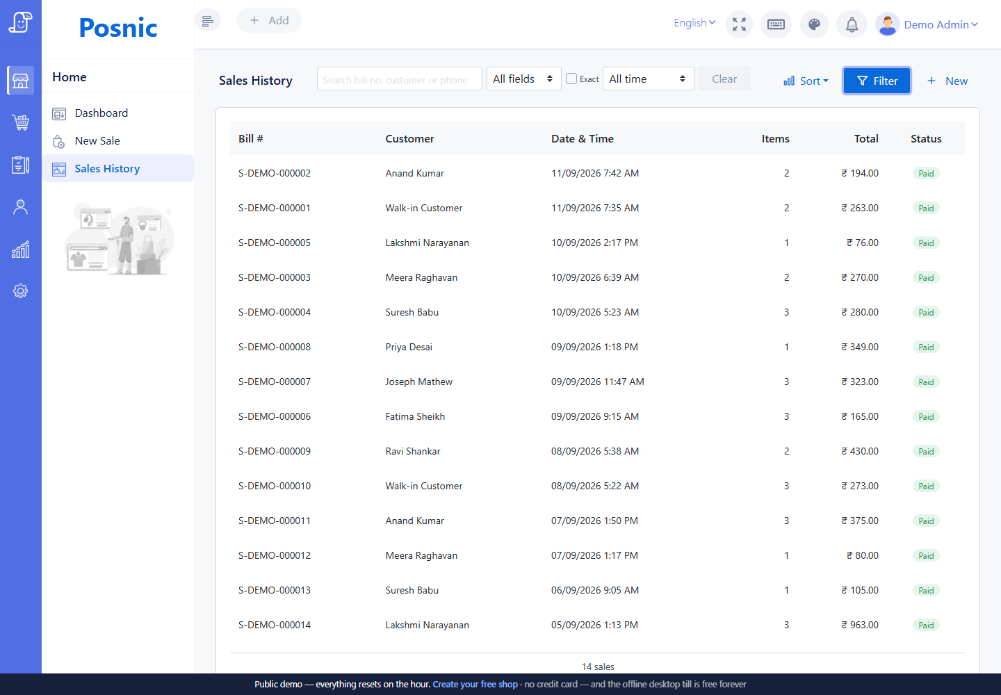 Live Posnic Sales History with search field field selector exact option and date period filter expanded