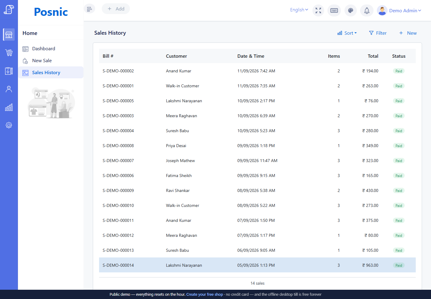 Live Posnic Sales History list with bill number customer date item count total and paid status