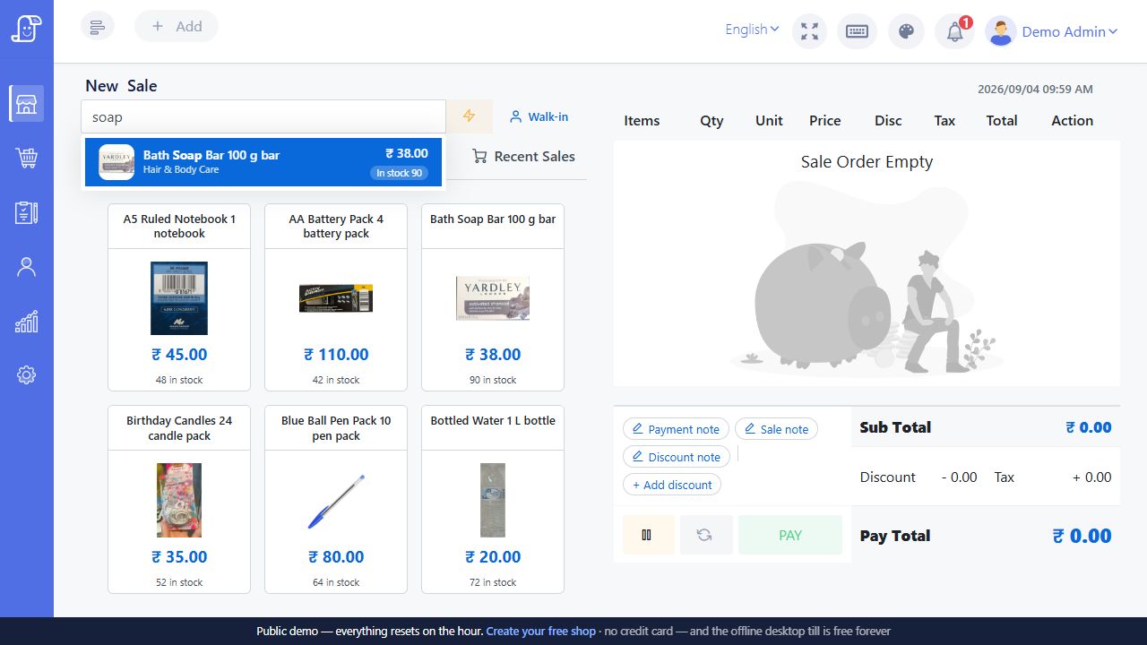 Live Posnic item search suggestion showing Bath Soap Bar category price and stock
