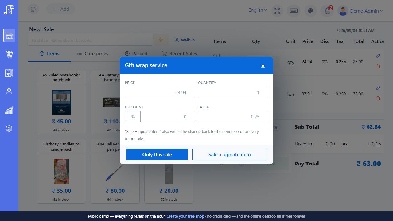 Posnic sale line editor with quantity and price controls