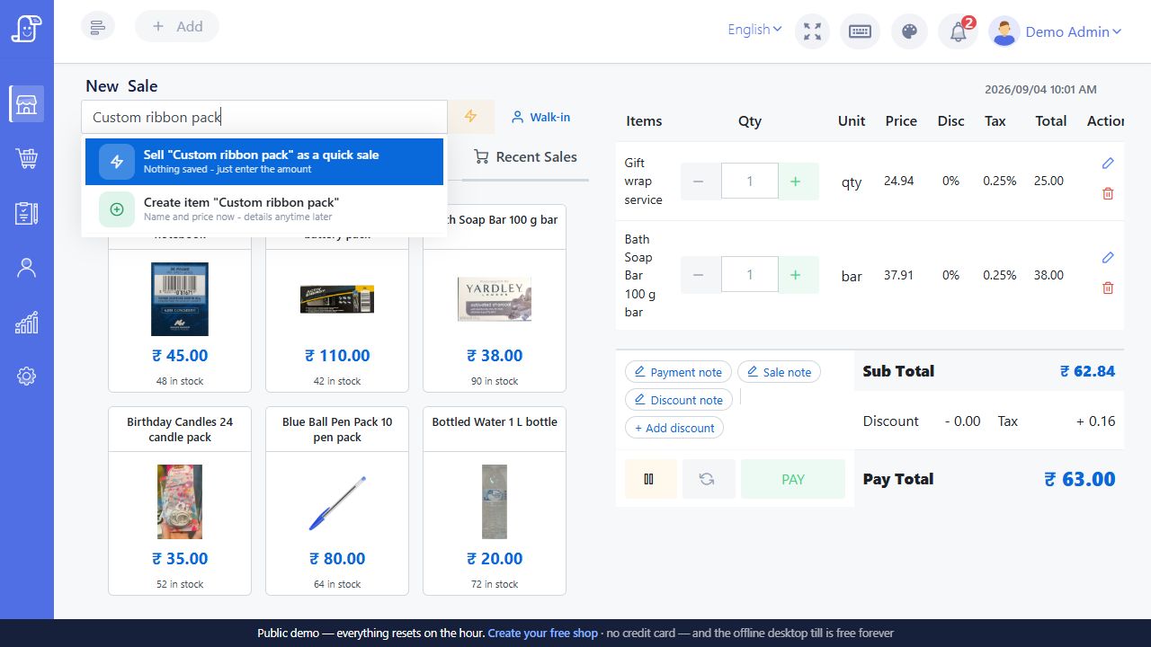 Live Posnic missing item fallback with Sell as quick sale and Create item actions