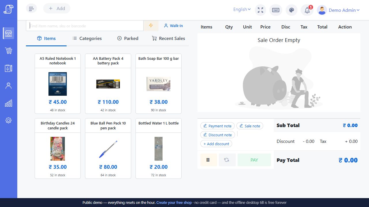 Live Posnic New Sale screen with Find item name sku or barcode search field