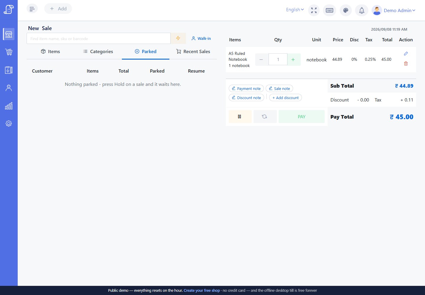 Live Posnic Parked tab with Customer Items Total Parked and Resume columns