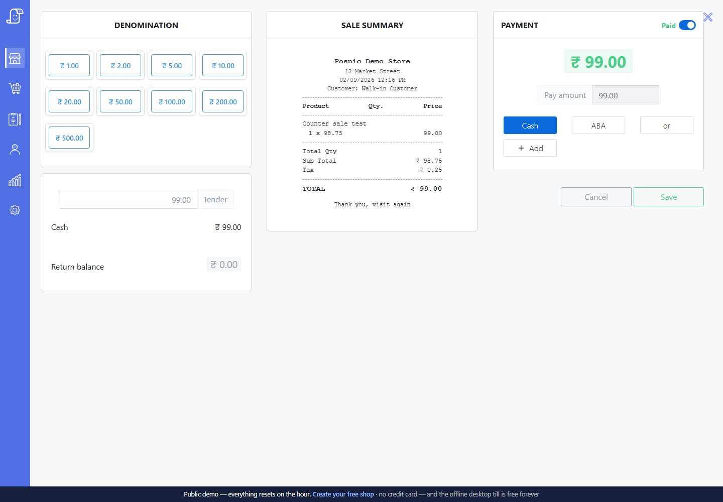 Posnic cash payment screen ready to complete a guided sale workflow