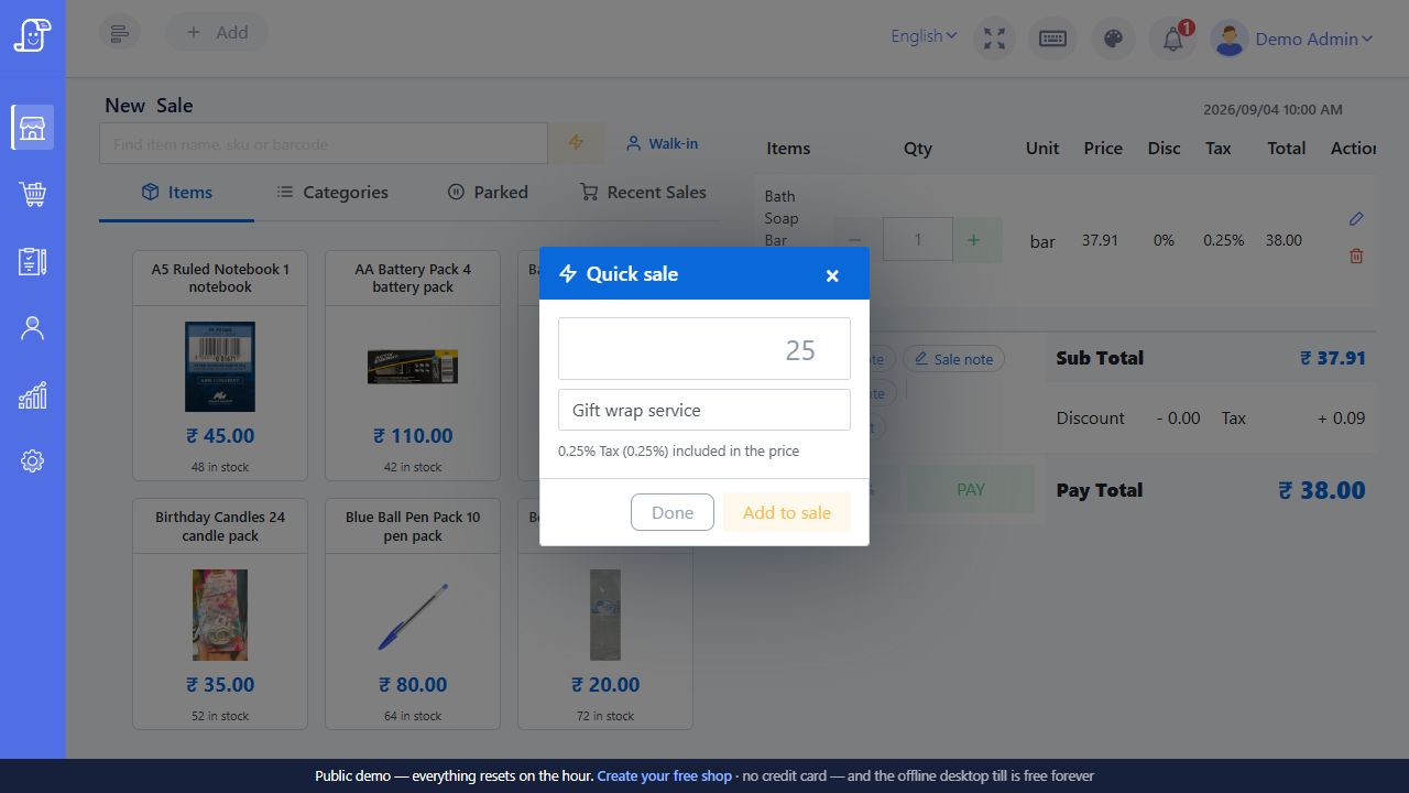 Live Posnic Quick Sale modal with amount and item name fields