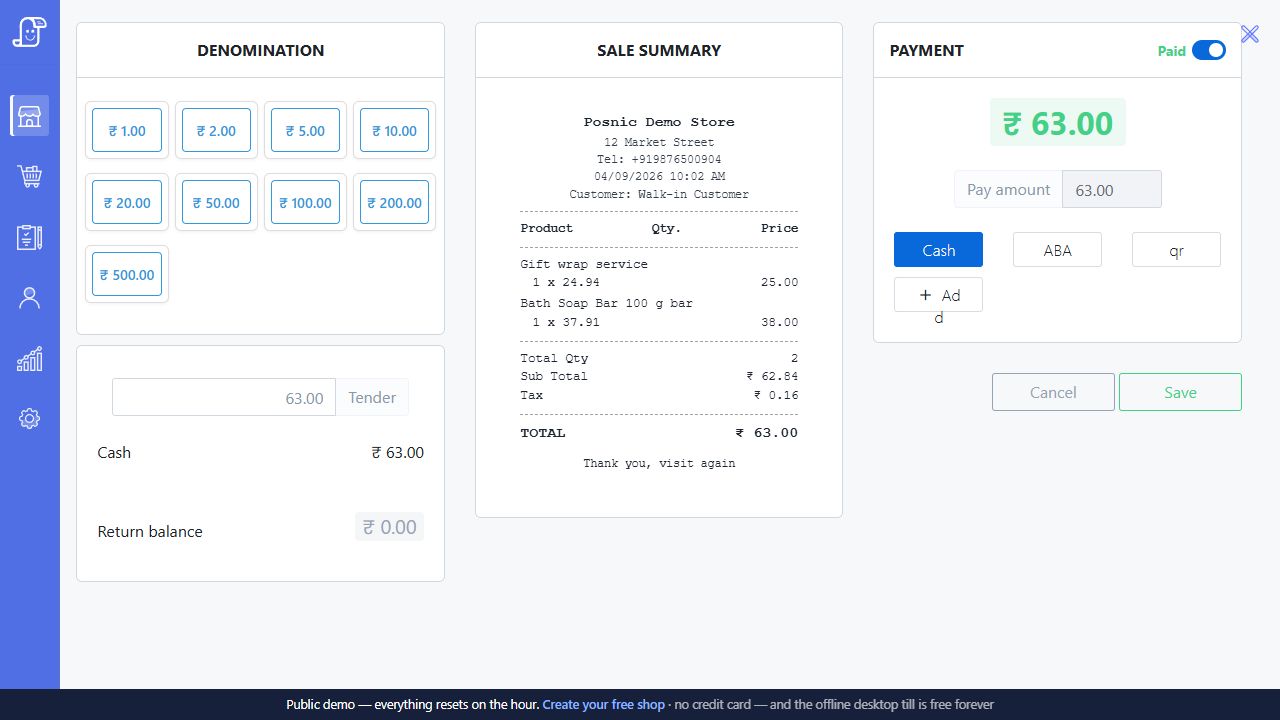 Current Posnic sale tender drawer used to verify payment controls after gateway configuration