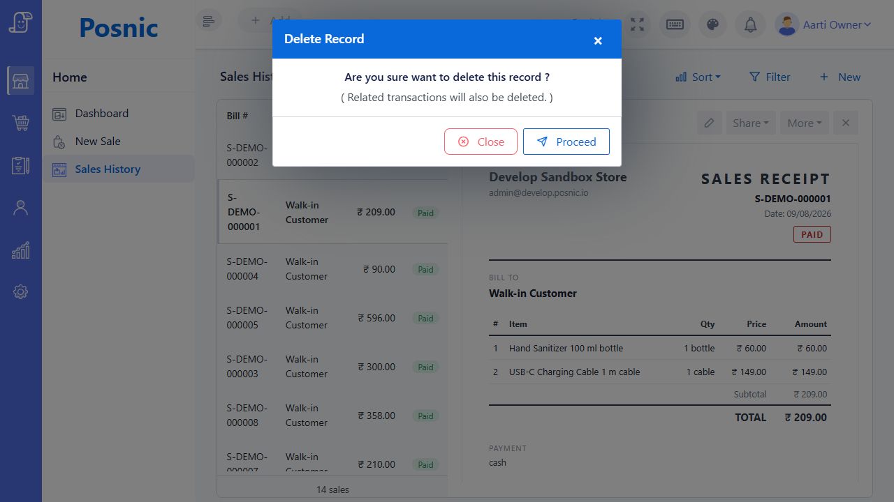 Current Posnic Delete Record confirmation warning that related transactions will also be deleted