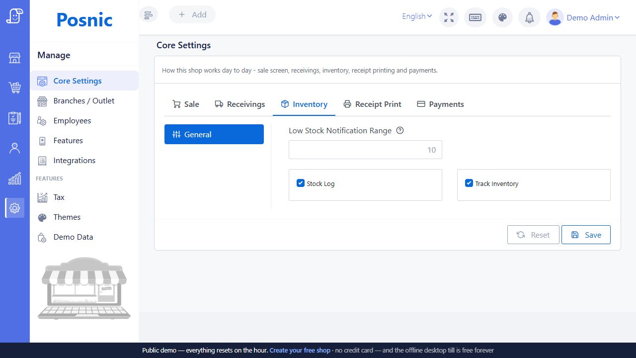 Core Settings Inventory tab with low stock range stock log and track inventory controls