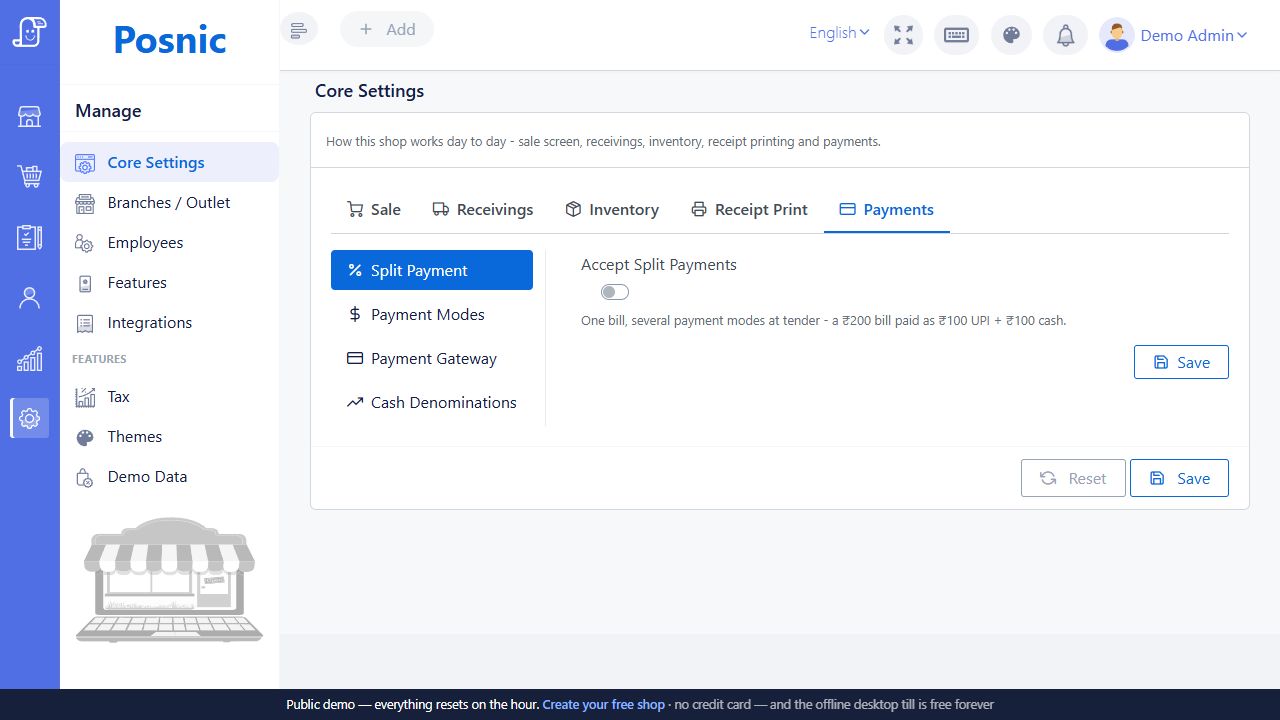 Core Settings Payments tab with split payment payment modes gateway and cash denominations