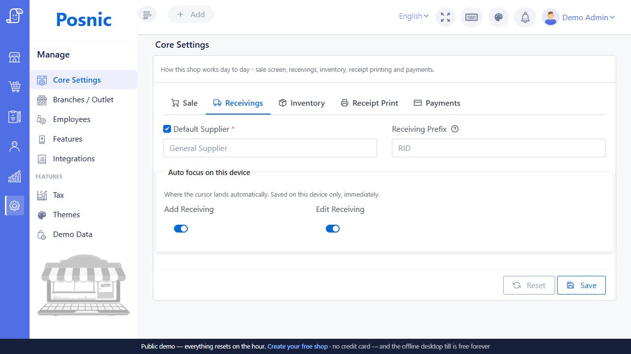 Core Settings Receivings tab with default supplier receiving prefix and receiving autofocus switches