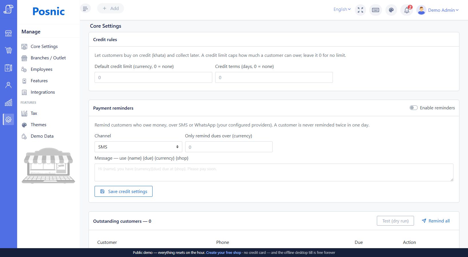 Customer Credit settings with credit limit terms reminders channel due threshold message template and outstanding customers