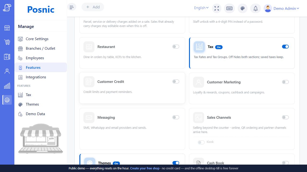 Features grid scrolled to Restaurant Tax Customer Credit Customer Marketing Messaging and Sales Channels