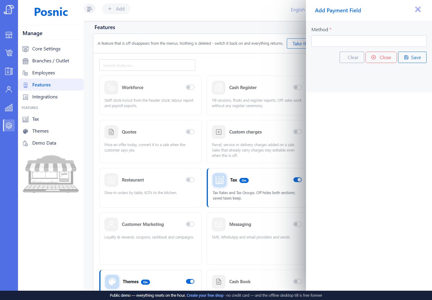 Features settings grid showing Quick Sale, Tax, Cash Register and other modules