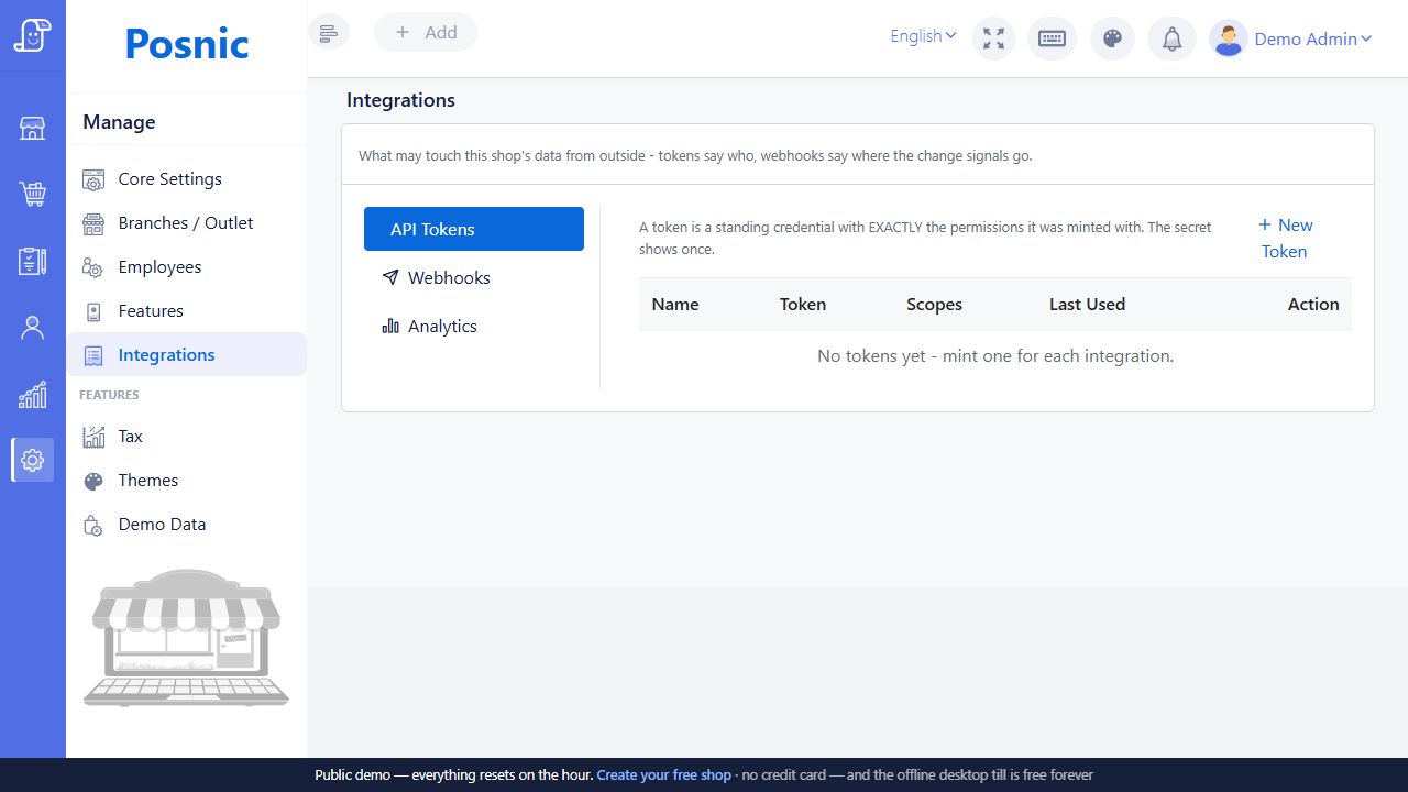 Integrations API Tokens tab with token table and new token button
