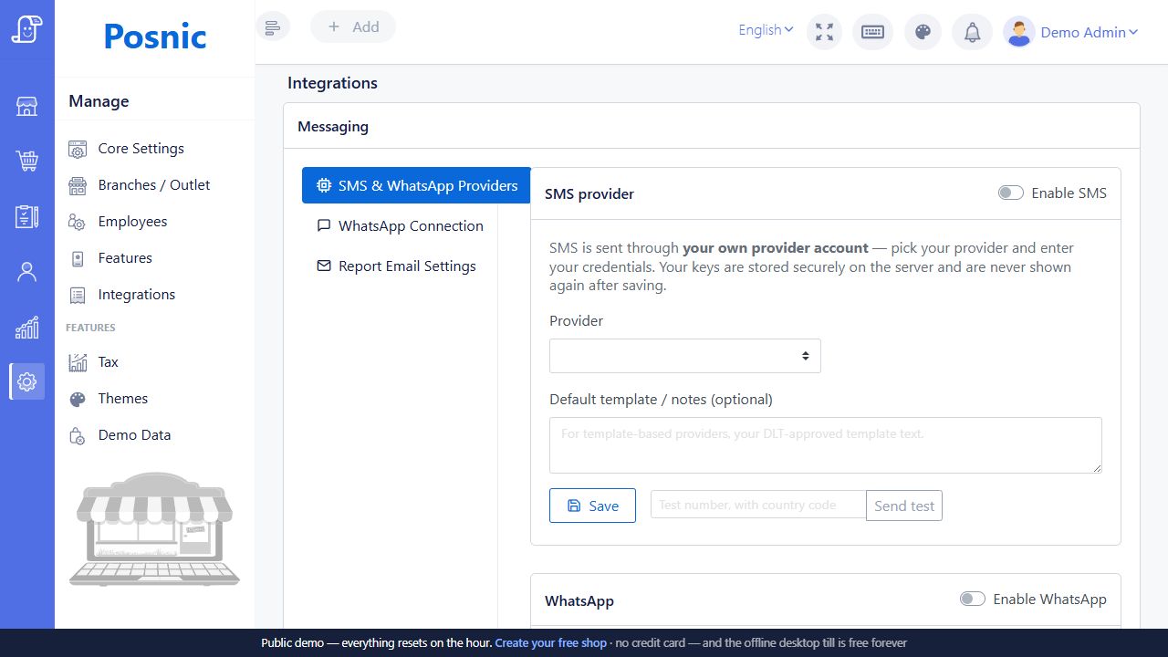 Posnic Messaging WhatsApp card where local device or Meta WhatsApp Cloud API mode is selected