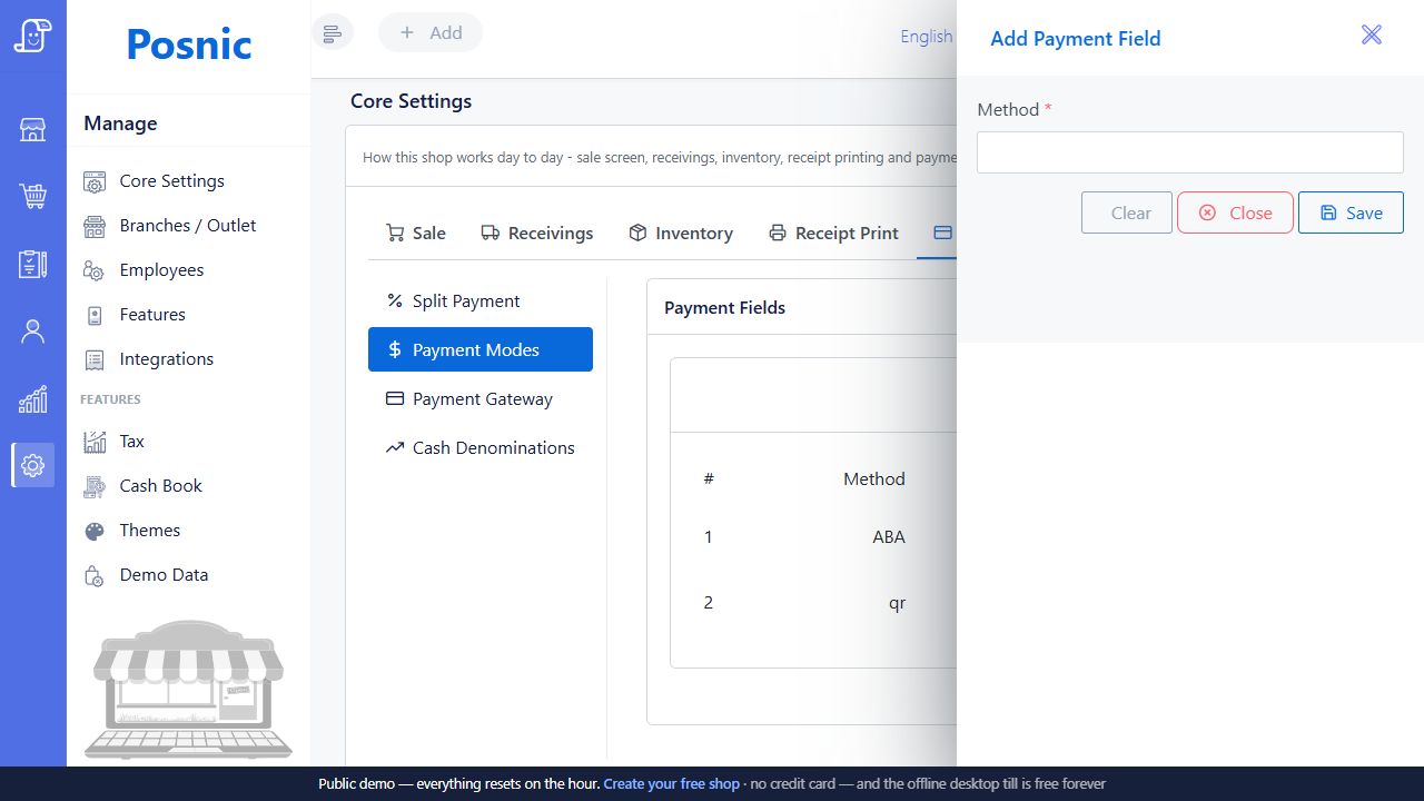 Current Posnic Add Payment Field sidebar with Method field Clear Close and Save controls