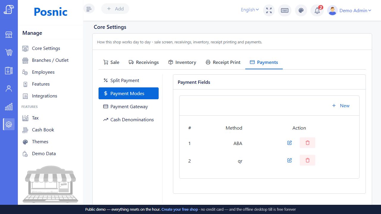 Current Posnic Payment Modes list with New edit and delete controls