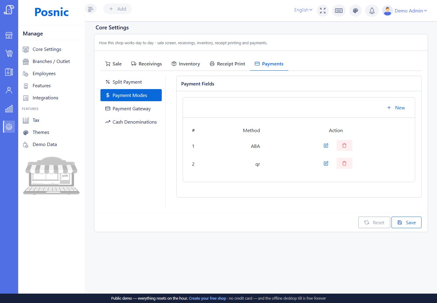 Payment modes list with New button