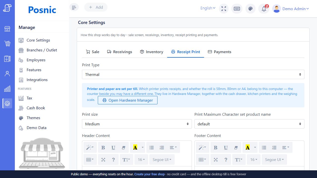 Current Posnic Receipt Print content controls including header footer and receipt options