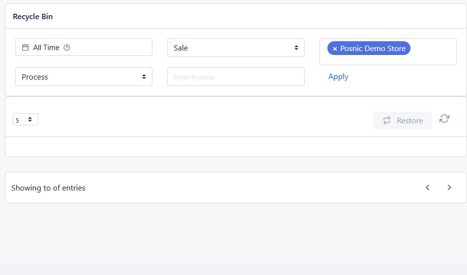 Posnic Recycle Bin with record type branch date search Restore and refresh controls