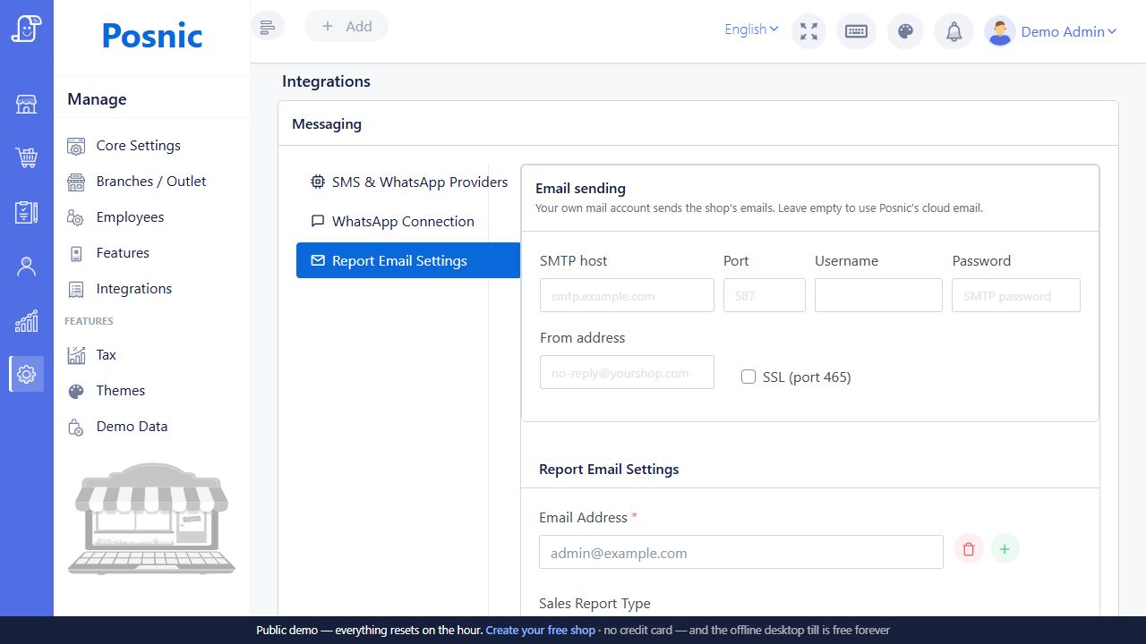Report Email Settings with SMTP fields and report recipients